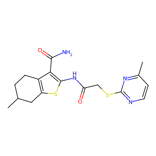 6-methyl-2-[[2-(4-methylpyrimidin-2-yl)sulfanylacetyl]amino]-4,5,6,7-tetrahydro-1-benzothiophene-3-carboxamide structure