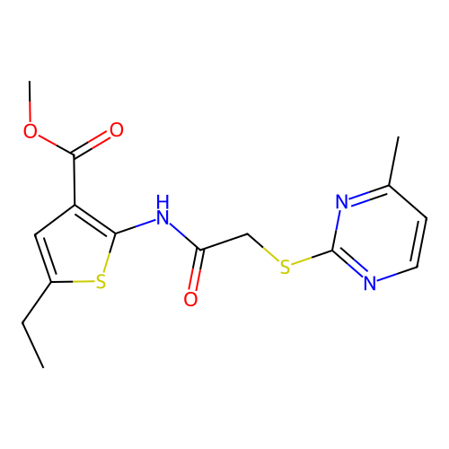 methyl 5-ethyl-2-({[(4-methylpyrimidin-2-yl)sulfanyl]acetyl}amino)thiophene-3-carboxylate structure