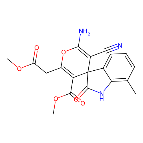 methyl 2'-amino-3'-cyano-6'-(2-methoxy-2-oxoethyl)-7-methyl-2-oxospiro[indoline-3,4'-pyran]-5'-carboxylate structure