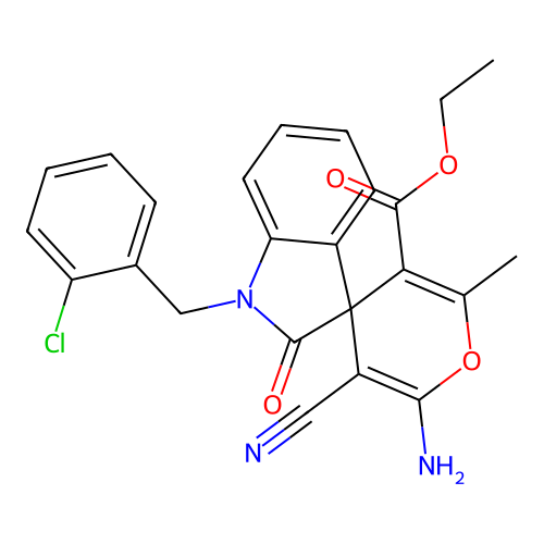 ethyl 2'-amino-1-(2-chlorobenzyl)-3'-cyano-6'-methyl-2-oxospiro[indoline-3,4'-pyran]-5'-carboxylate structure