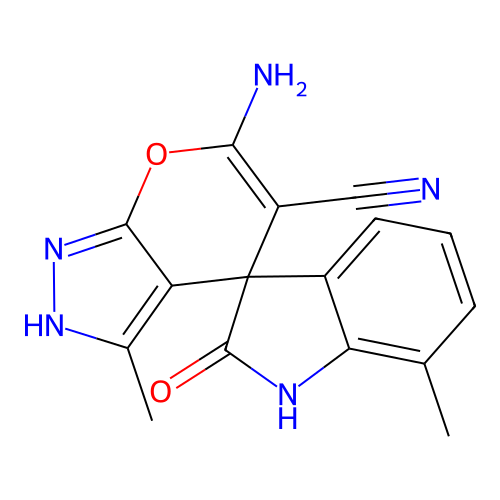 6'-amino-3',7-dimethyl-2-oxospiro[1H-indole-3,4'-2H-pyrano[2,3-c]pyrazole]-5'-carbonitrile structure
