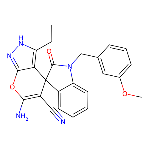 6'-amino-3'-ethyl-1-(3-methoxybenzyl)-2-oxo-1,2-dihydro-1'H-spiro[indole-3,4'-pyrano[2,3-c]pyrazole]-5'-carbonitrile structure
