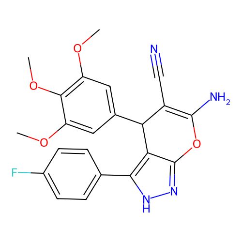 6-amino-3-(4-fluorophenyl)-4-(3,4,5-trimethoxyphenyl)-2,4-dihydropyrano[2,3-c]pyrazole-5-carbonitrile structure