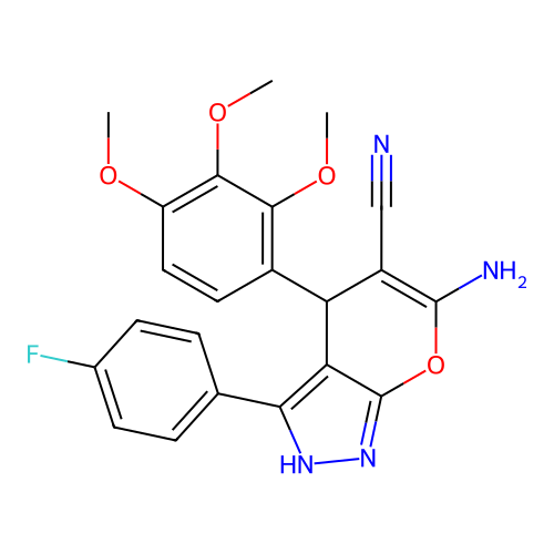 6-amino-3-(4-fluorophenyl)-4-(2,3,4-trimethoxyphenyl)-2,4-dihydropyrano[2,3-c]pyrazole-5-carbonitrile structure