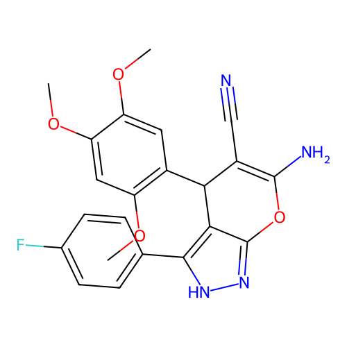 6-amino-3-(4-fluorophenyl)-4-(2,4,5-trimethoxyphenyl)-2,4-dihydropyrano[2,3-c]pyrazole-5-carbonitrile structure