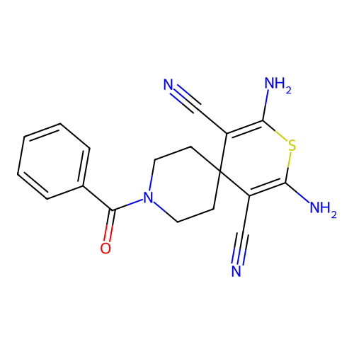 8,10-diamino-3-benzoyl-9-thia-3-azaspiro[5.5]undeca-7,10-diene-7,11-dicarbonitrile structure