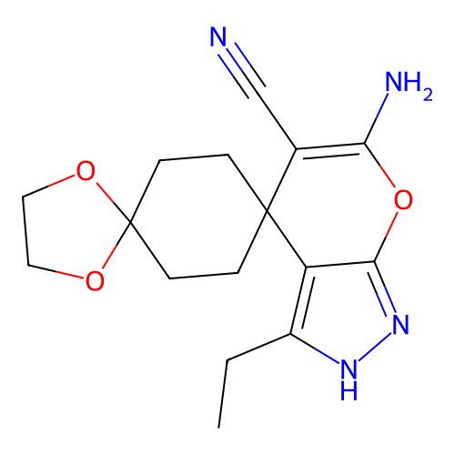 17-amino-14-ethyldispiro[1,3-dioxolane-2,1'-cyclohexane-4',4''-4H-pyrano[3,2-d ]pyrazole]-16-carbonitrile structure