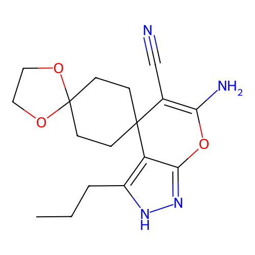 17-amino-14-propyldispiro[1,3-dioxolane-2,1'-cyclohexane-4',4''-4H-pyrano[3,2- d]pyrazole]-16-carbonitrile structure