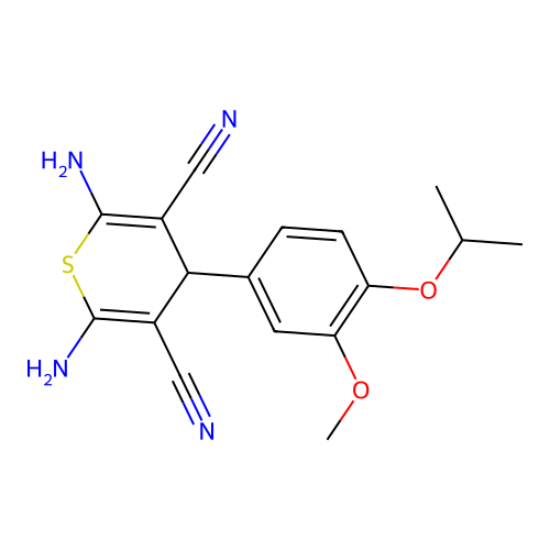 2,6-diamino-4-(3-methoxy-4-propan-2-yloxy-phenyl)-4H-thiopyran-3,5-dicarbonitrile structure