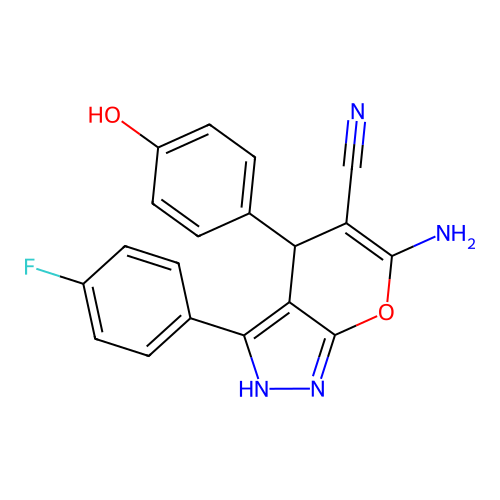 6-amino-3-(4-fluorophenyl)-4-(4-hydroxyphenyl)-2,4-dihydropyrano[2,3-c]pyrazole-5-carbonitrile structure