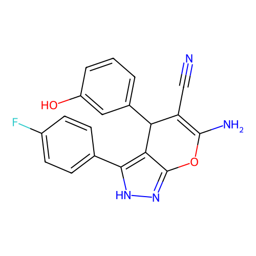 6-amino-3-(4-fluorophenyl)-4-(3-hydroxyphenyl)-2,4-dihydropyrano[2,3-c]pyrazole-5-carbonitrile structure