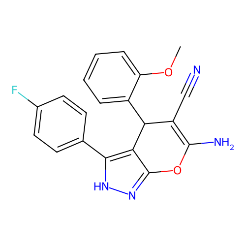 6-amino-3-(4-fluorophenyl)-4-(2-methoxyphenyl)-2,4-dihydropyrano[2,3-c]pyrazole-5-carbonitrile structure