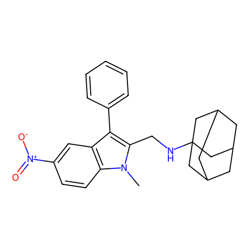 N-[(1-methyl-5-nitro-3-phenylindol-2-yl)methyl]adamantan-1-amine structure