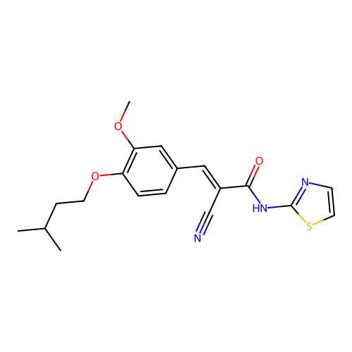 (E)-2-cyano-3-[3-methoxy-4-(3-methylbutoxy)phenyl]-N-(1,3-thiazol-2-yl)prop-2-enamide structure
