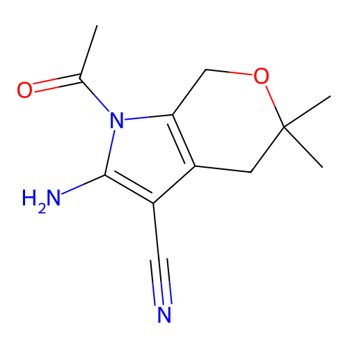 1-acetyl-2-amino-5,5-dimethyl-1,4,5,7-tetrahydropyrano[3,4-b]pyrrole-3-carbonitrile structure