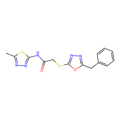 2-[(5-benzyl-1,3,4-oxadiazol-2-yl)sulfanyl]-N-(5-methyl-1,3,4-thiadiazol-2-yl)acetamide structure