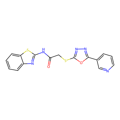 N-(1,3-benzothiazol-2-yl)-2-{[5-(pyridin-3-yl)-1,3,4-oxadiazol-2-yl]sulfanyl}acetamide structure