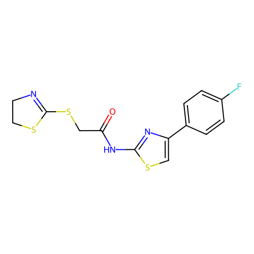 2-(4,5-dihydro-1,3-thiazol-2-ylsulfanyl)-N-[4-(4-fluorophenyl)-1,3-thiazol-2-yl]acetamide structure