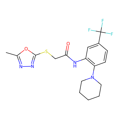 2-[(5-methyl-1,3,4-oxadiazol-2-yl)sulfanyl]-N-[2-piperidin-1-yl-5-(trifluoromethyl)phenyl]acetamide structure