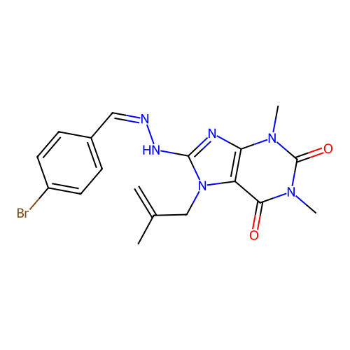 8-[(2Z)-2-[(4-bromophenyl)methylidene]hydrazinyl]-1,3-dimethyl-7-(2-methylprop-2-enyl)purine-2,6-dione structure