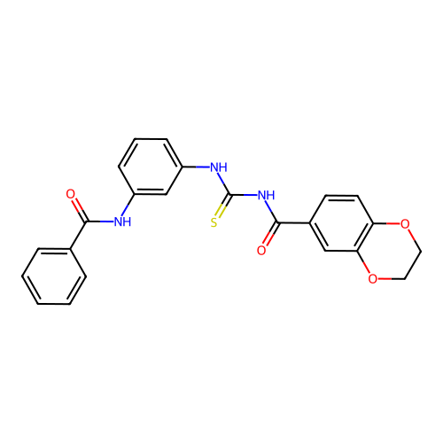 N-[(3-benzamidophenyl)carbamothioyl]-2,3-dihydro-1,4-benzodioxine-6-carboxamide structure