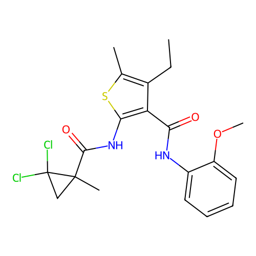 2-[(2,2-dichloro-1-methylcyclopropanecarbonyl)amino]-4-ethyl-N-(2-methoxyphenyl)-5-methylthiophene-3-carboxamide structure