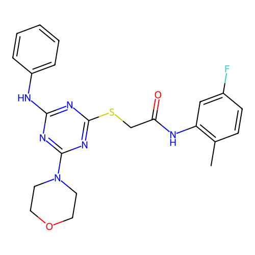 N-(5-fluoro-2-methylphenyl)-2-((4-morpholino-6-(phenylamino)-1,3,5-triazin-2-yl)thio)acetamide structure