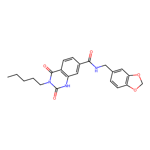 N-(1,3-benzodioxol-5-ylmethyl)-2,4-dioxo-3-pentyl-1H-quinazoline-7-carboxamide structure