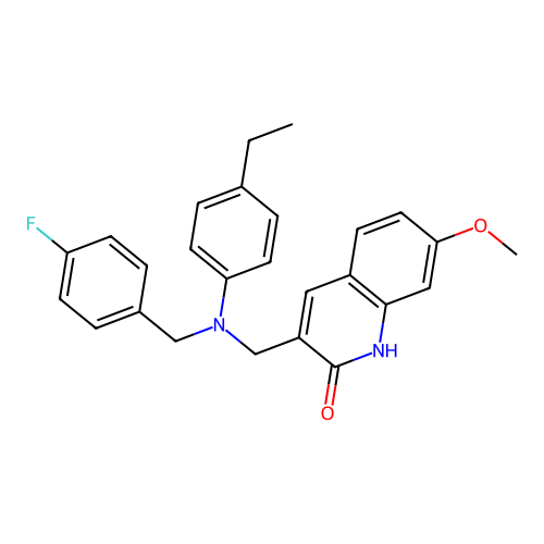 3-(((4-ethylphenyl)(4-fluorobenzyl)amino)methyl)-7-methoxyquinolin-2(1H)-one structure