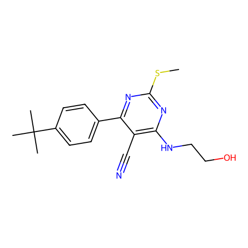4-(4-tert-butylphenyl)-6-[(2-hydroxyethyl)amino]-2-(methylsulfanyl)pyrimidine-5-carbonitrile structure
