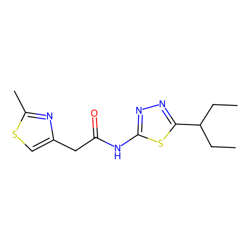 2-(2-methyl-1,3-thiazol-4-yl)-N-[5-(pentan-3-yl)-1,3,4-thiadiazol-2-yl]acetamide structure