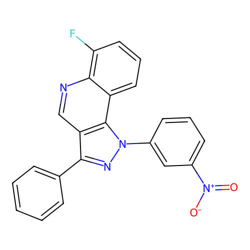 6-fluoro-1-(3-nitrophenyl)-3-phenyl-1H-pyrazolo[4,3-c]quinoline structure