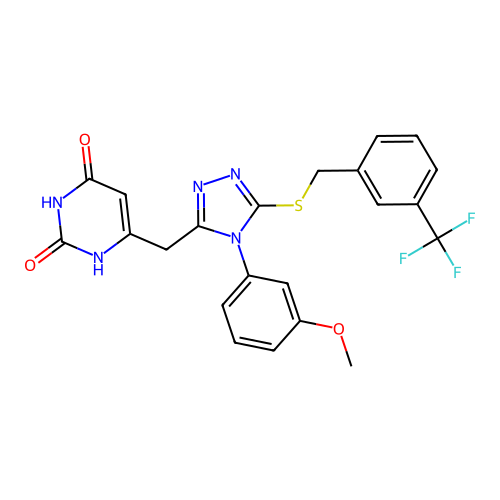 6-((4-(3-methoxyphenyl)-5-((3-(trifluoromethyl)benzyl)thio)-4H-1,2,4-triazol-3-yl)methyl)pyrimidine-2,4(1H,3H)-dione structure
