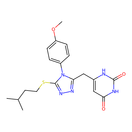 6-((5-(isopentylthio)-4-(4-methoxyphenyl)-4H-1,2,4-triazol-3-yl)methyl)pyrimidine-2,4(1H,3H)-dione structure