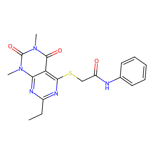 2-((2-ethyl-6,8-dimethyl-5,7-dioxo-5,6,7,8-tetrahydropyrimido[4,5-d]pyrimidin-4-yl)thio)-N-phenylacetamide structure