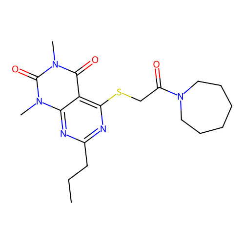 5-((2-(azepan-1-yl)-2-oxoethyl)thio)-1,3-dimethyl-7-propylpyrimido[4,5-d]pyrimidine-2,4(1H,3H)-dione structure