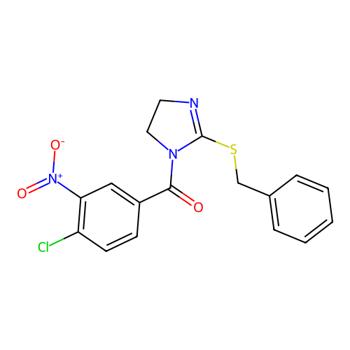 (2-(benzylthio)-4,5-dihydro-1H-imidazol-1-yl)(4-chloro-3-nitrophenyl)methanone structure