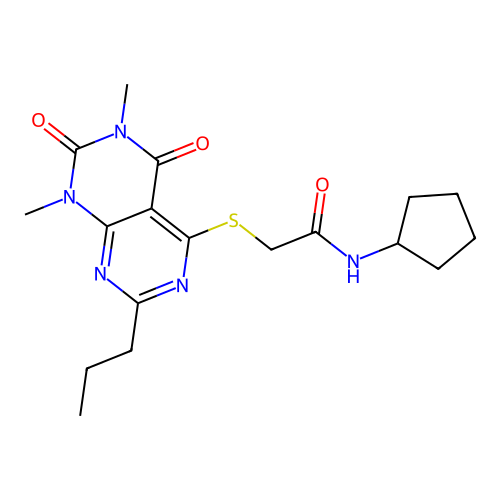 N-cyclopentyl-2-((6,8-dimethyl-5,7-dioxo-2-propyl-5,6,7,8-tetrahydropyrimido[4,5-d]pyrimidin-4-yl)thio)acetamide structure