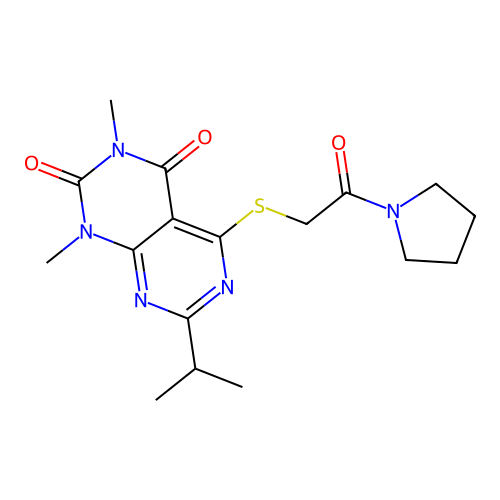 7-isopropyl-1,3-dimethyl-5-((2-oxo-2-(pyrrolidin-1-yl)ethyl)thio)pyrimido[4,5-d]pyrimidine-2,4(1H,3H)-dione structure