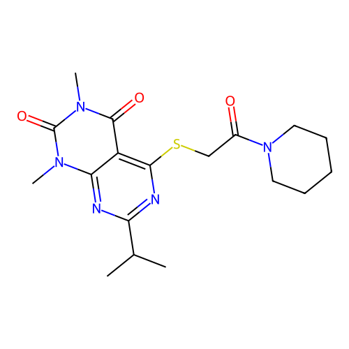 7-isopropyl-1,3-dimethyl-5-((2-oxo-2-(piperidin-1-yl)ethyl)thio)pyrimido[4,5-d]pyrimidine-2,4(1H,3H)-dione structure