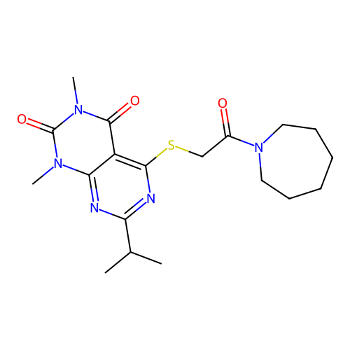 5-[2-(azepan-1-yl)-2-oxoethyl]sulfanyl-1,3-dimethyl-7-propan-2-ylpyrimido[4,5-d]pyrimidine-2,4-dione structure