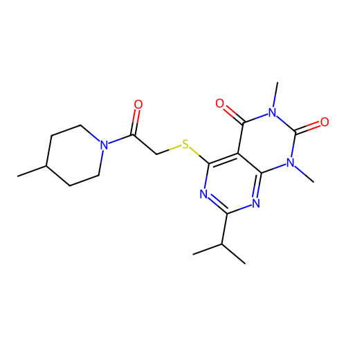 7-isopropyl-1,3-dimethyl-5-((2-(4-methylpiperidin-1-yl)-2-oxoethyl)thio)pyrimido[4,5-d]pyrimidine-2,4(1H,3H)-dione structure