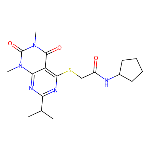 N-cyclopentyl-2-(1,3-dimethyl-2,4-dioxo-7-propan-2-ylpyrimido[4,5-d]pyrimidin-5-yl)sulfanylacetamide structure