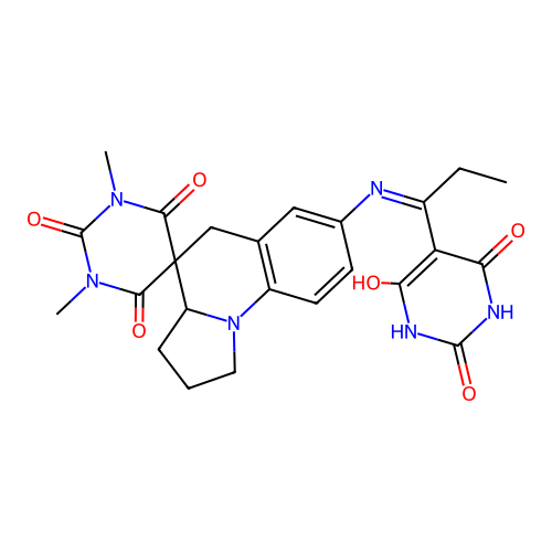 1,3-dimethyl-7'-((1-(2,4,6-trioxotetrahydropyrimidin-5(2H)-ylidene)propyl)amino)-2',3',3a',5'-tetrahydro-1H,1'H-spiro[pyrimidine-5,4'-pyrrolo[1,2-a]quinoline]-2,4,6(3H)-trione structure