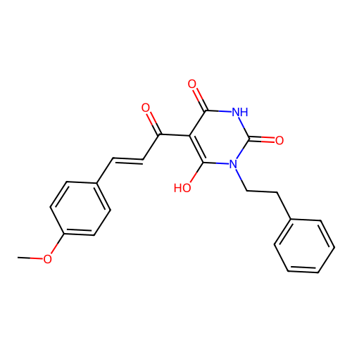 (E)-6-hydroxy-5-(3-(4-methoxyphenyl)acryloyl)-3-phenethylpyrimidine-2,4(1H,3H)-dione structure