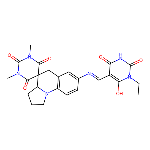 (E)-7'-(((1-ethyl-2,4,6-trioxotetrahydropyrimidin-5(2H)-ylidene)methyl)amino)-1,3-dimethyl-2',3',3a',5'-tetrahydro-1H,1'H-spiro[pyrimidine-5,4'-pyrrolo[1,2-a]quinoline]-2,4,6(3H)-trione structure