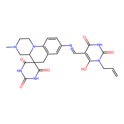 (5Z)-5-{[(2',6'-dihydroxy-3-methyl-4'-oxo-2,3,4,4a-tetrahydro-1H,4'H,6H-spiro[pyrazino[1,2-a]quinoline-5,5'-pyrimidin]-8-yl)amino]methylidene}-6-hydroxy-3-(prop-2-en-1-yl)pyrimidine-2,4(3H,5H)-dione structure