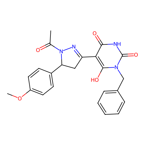 5-[1-acetyl-5-(4-methoxyphenyl)pyrazolidin-3-ylidene]-1-benzyl-1,3-diazinane-2,4,6-trione structure