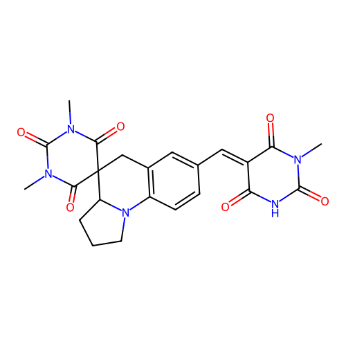 (E)-1,3-dimethyl-7'-((1-methyl-2,4,6-trioxotetrahydropyrimidin-5(2H)-ylidene)methyl)-2',3',3a',5'-tetrahydro-1H,1'H-spiro[pyrimidine-5,4'-pyrrolo[1,2-a]quinoline]-2,4,6(3H)-trione structure