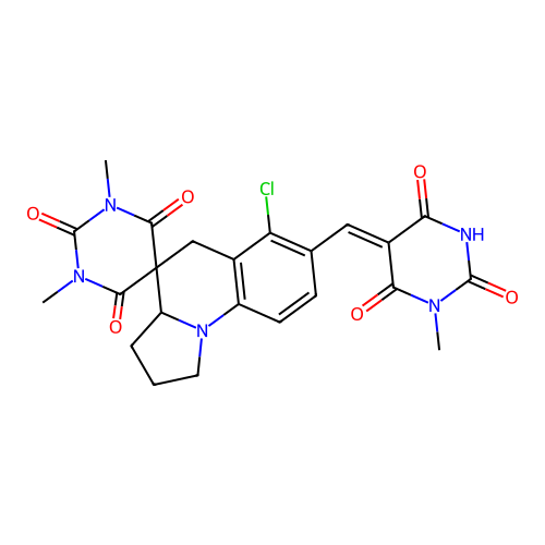 (Z)-6'-chloro-1,3-dimethyl-7'-((1-methyl-2,4,6-trioxotetrahydropyrimidin-5(2H)-ylidene)methyl)-2',3',3a',5'-tetrahydro-1H,1'H-spiro[pyrimidine-5,4'-pyrrolo[1,2-a]quinoline]-2,4,6(3H)-trione structure
